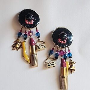 Moulin Rouge Vintage Novelty Charm Clip On Earrings Lipstick Shoe Purse Hat